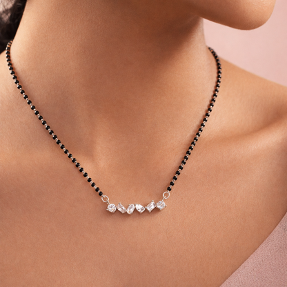 Elegant Silver Mangalsutra Pendant with Black Beads & CZ Stones | Minimal Diamond Look Necklace for Women