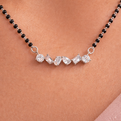 Elegant Silver Mangalsutra Pendant with Black Beads & CZ Stones | Minimal Diamond Look Necklace for Women