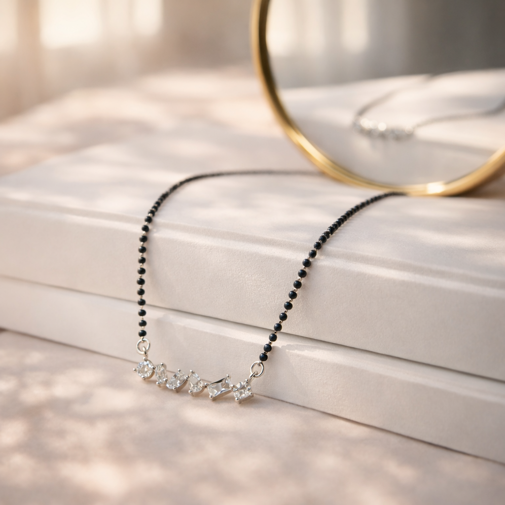 Elegant Silver Mangalsutra Pendant with Black Beads & CZ Stones | Minimal Diamond Look Necklace for Women