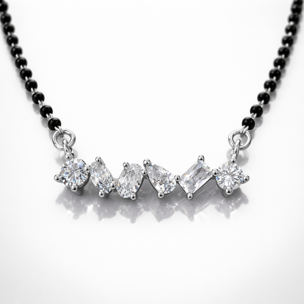 Elegant Silver Mangalsutra Pendant with Black Beads & CZ Stones | Minimal Diamond Look Necklace for Women