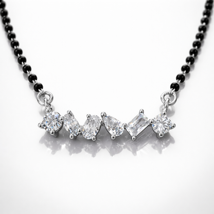 Elegant Silver Mangalsutra Pendant with Black Beads & CZ Stones | Minimal Diamond Look Necklace for Women