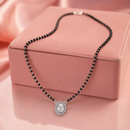 Sterling Silver Oval Halo CZ Mangalsutra Necklace | Black Beaded Chain