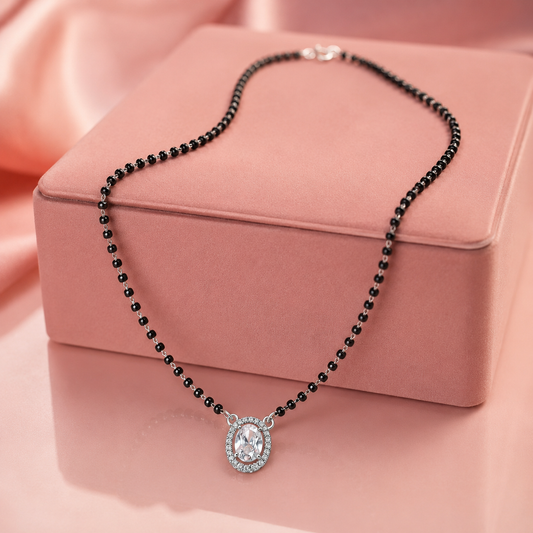 Sterling Silver Oval Halo CZ Mangalsutra Necklace | Black Beaded Chain
