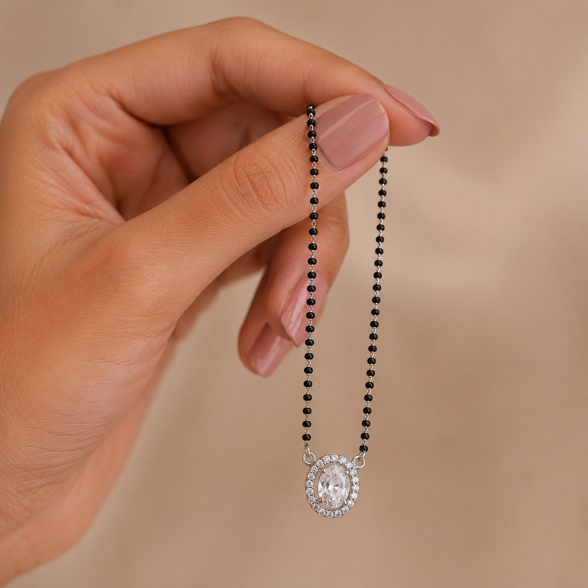 Sterling Silver Oval Halo CZ Mangalsutra Necklace | Black Beaded Chain 