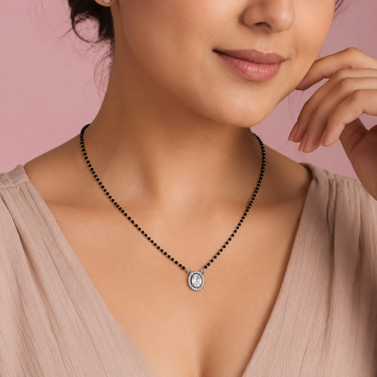 Sterling Silver Oval Halo CZ Mangalsutra Necklace | Black Beaded Chain 