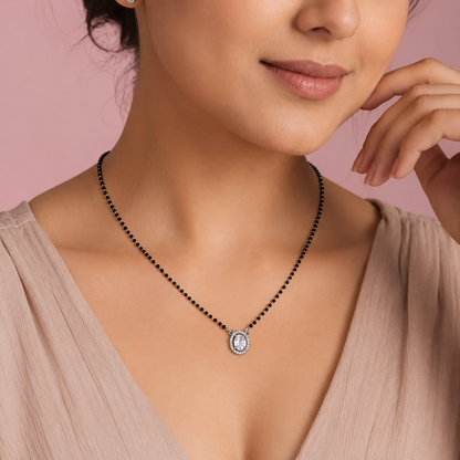 Sterling Silver Oval Halo CZ Mangalsutra Necklace | Black Beaded Chain 