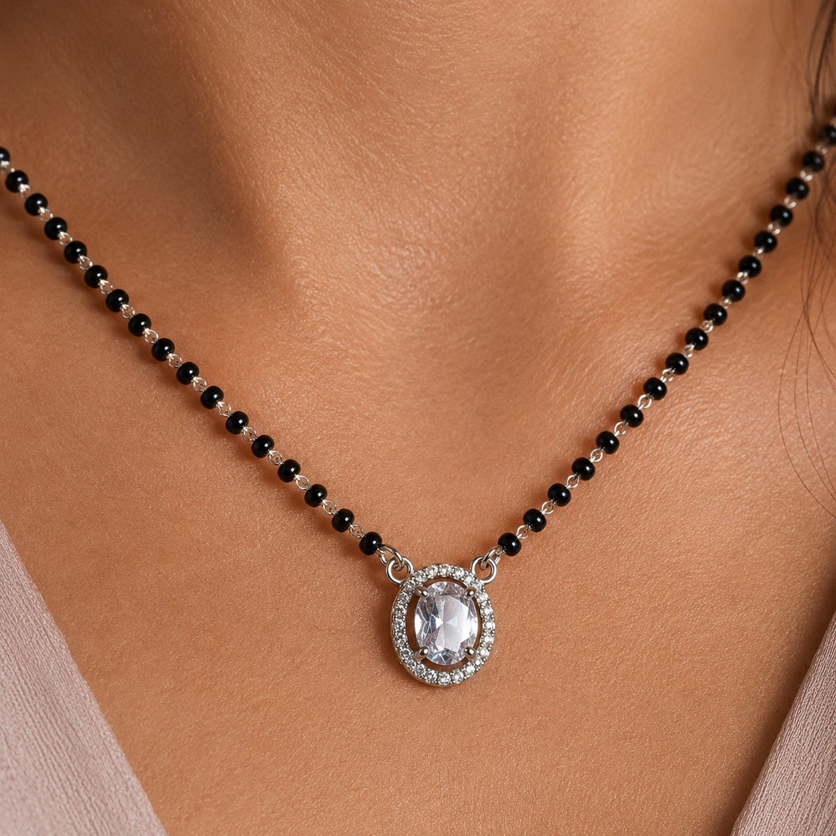 Sterling Silver Oval Halo CZ Mangalsutra Necklace | Black Beaded Chain 