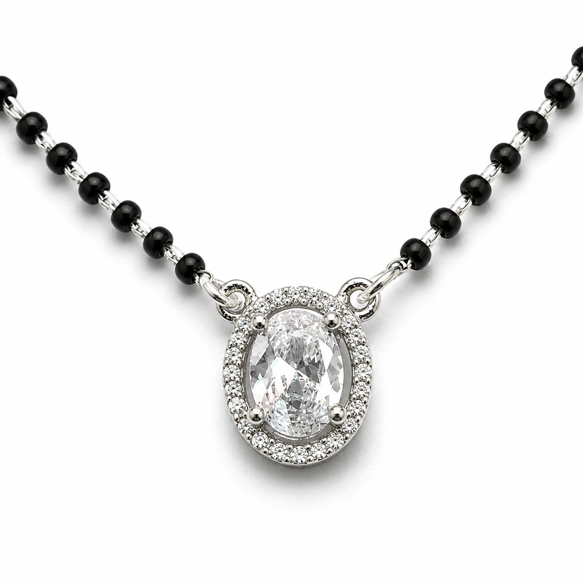 Sterling Silver Oval Halo CZ Mangalsutra Necklace | Black Beaded Chain 
