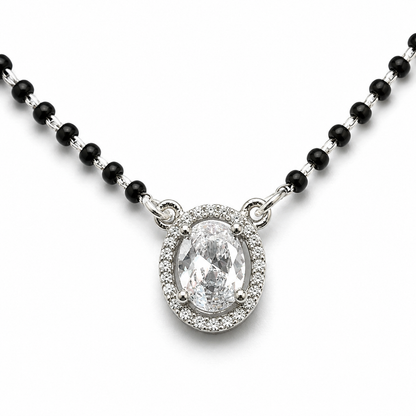 Sterling Silver Oval Halo CZ Mangalsutra Necklace | Black Beaded Chain 