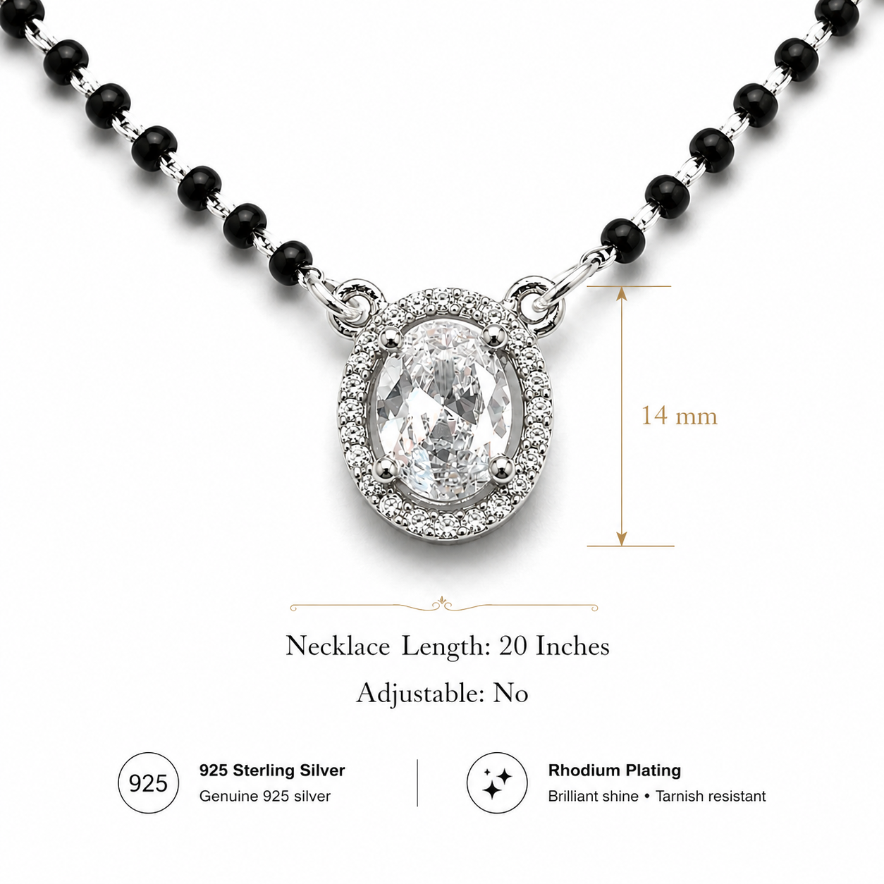 Sterling Silver Oval Halo CZ Mangalsutra Necklace | Black Beaded Chain 