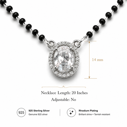 Sterling Silver Oval Halo CZ Mangalsutra Necklace | Black Beaded Chain 