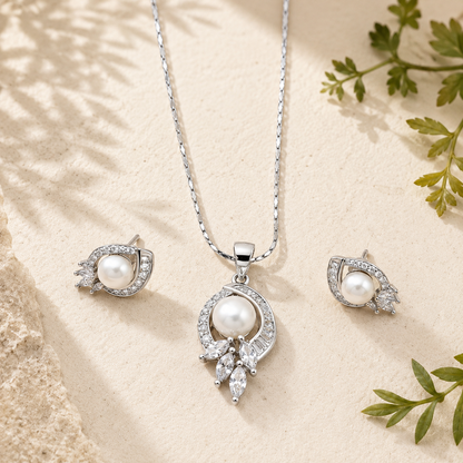 Sterling Silver Pearl Pendant Set with Cubic Zirconia | Elegant Teardrop Necklace & Earrings for Women