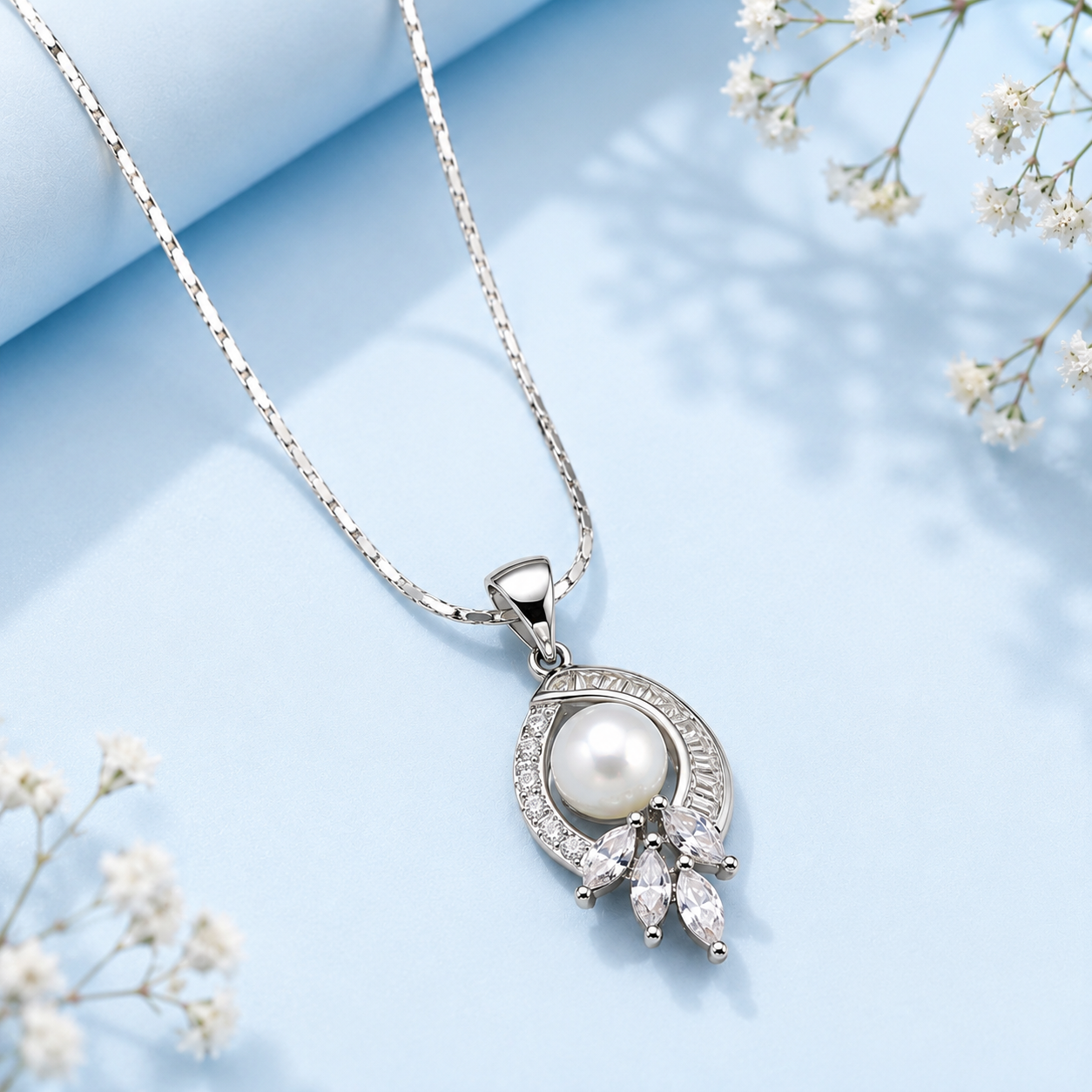 Sterling Silver Pearl Pendant Set with Cubic Zirconia | Elegant Teardrop Necklace & Earrings for Women
