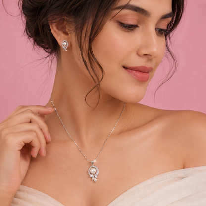 Sterling Silver Pearl Pendant Set with Cubic Zirconia | Elegant Teardrop Necklace & Earrings for Women