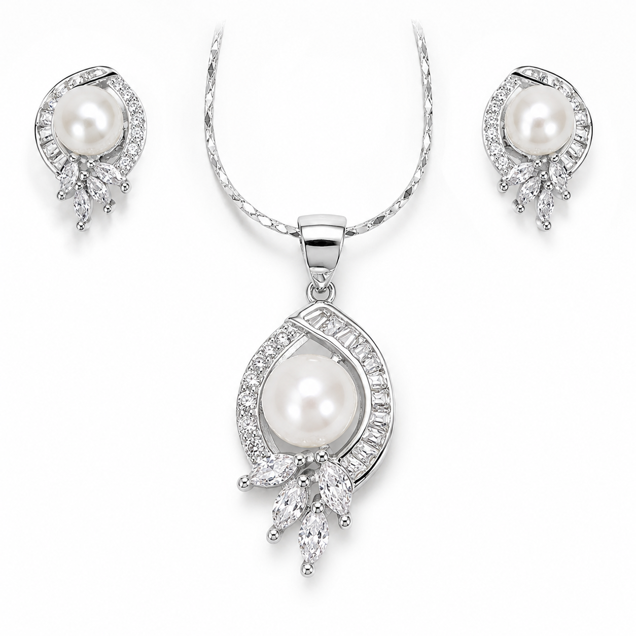 Sterling Silver Pearl Pendant Set with Cubic Zirconia | Elegant Teardrop Necklace & Earrings for Women