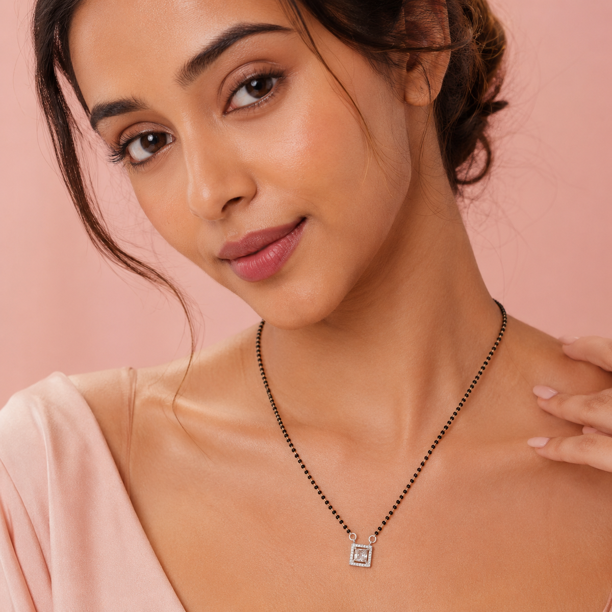Sterling Silver Princess Cut CZ Square Halo Mangalsutra Necklace for Women