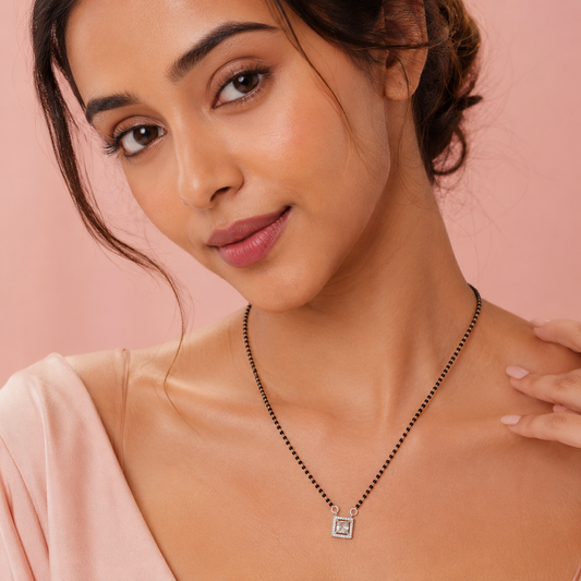 Sterling Silver Princess Cut CZ Square Halo Mangalsutra Necklace for Women