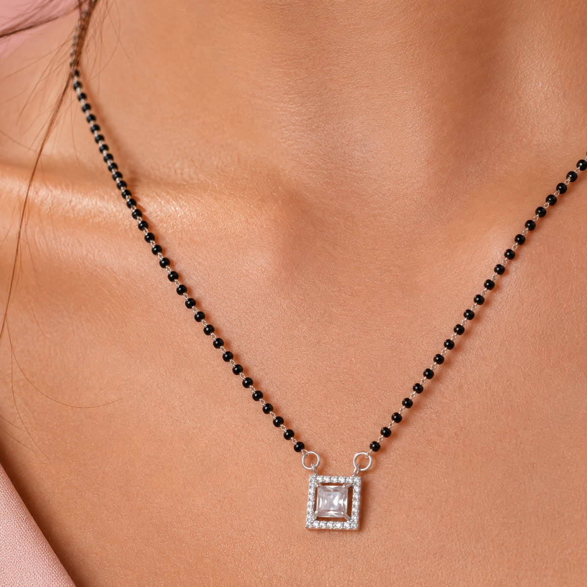 Sterling Silver Princess Cut CZ Square Halo Mangalsutra Necklace for Women