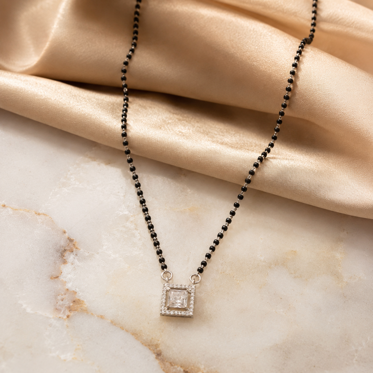 Sterling Silver Princess Cut CZ Square Halo Mangalsutra Necklace for Women