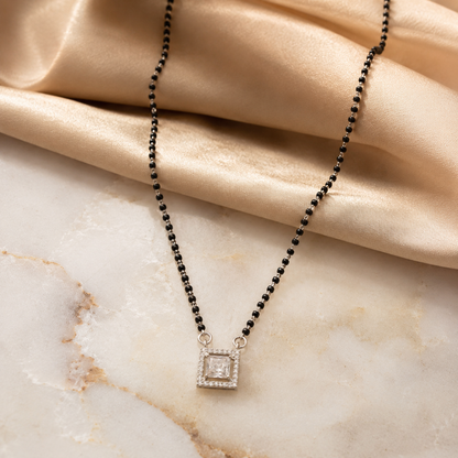 Sterling Silver Princess Cut CZ Square Halo Mangalsutra Necklace for Women