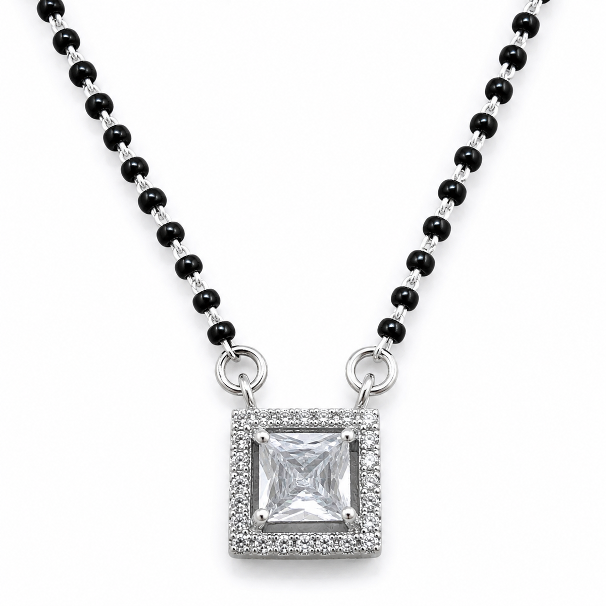 Sterling Silver Princess Cut CZ Square Halo Mangalsutra Necklace for Women