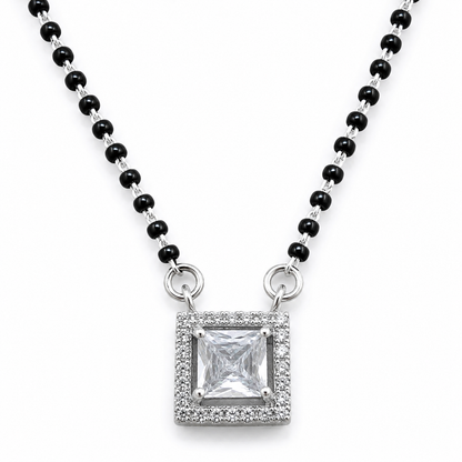 Sterling Silver Princess Cut CZ Square Halo Mangalsutra Necklace for Women