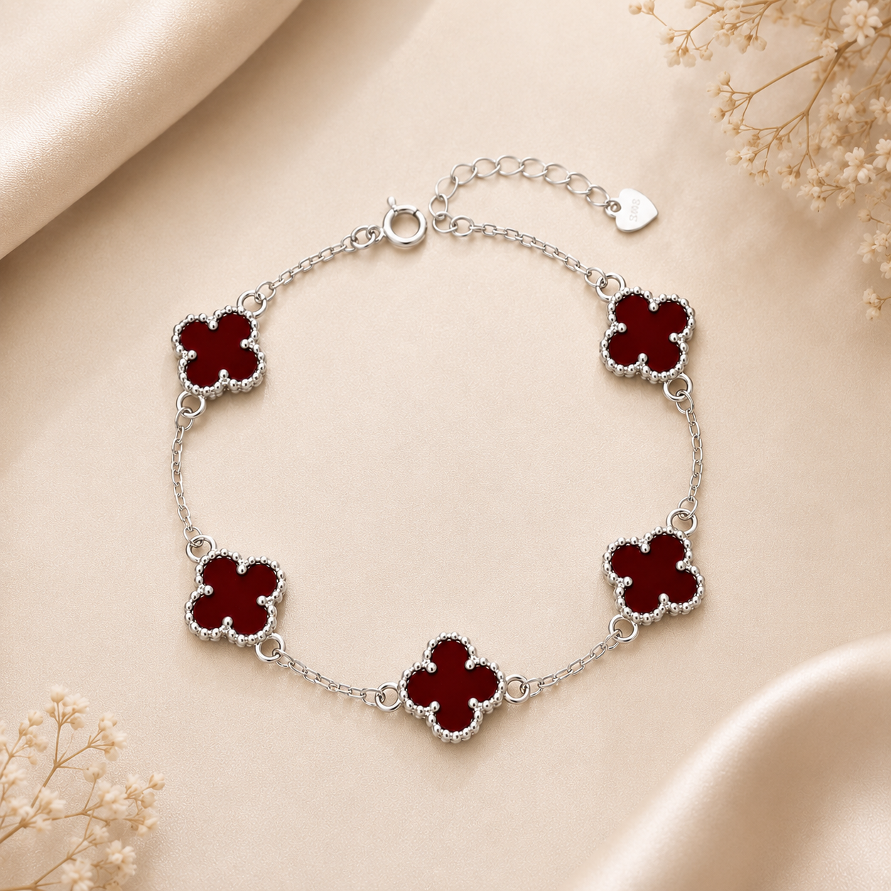 925 Sterling Silver Red & Black Clover Bracelet, Adjustable Lucky Charm Bracelet, Gift for Women