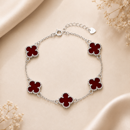 925 Sterling Silver Red & Black Clover Bracelet, Adjustable Lucky Charm Bracelet, Gift for Women