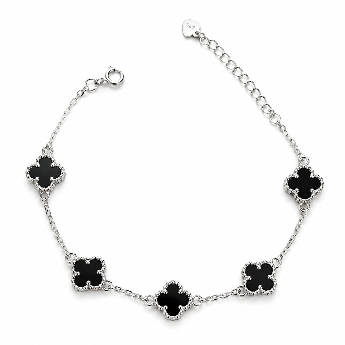 925 Sterling Silver Red & Black Clover Bracelet, Adjustable Lucky Charm Bracelet, Gift for Women