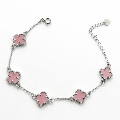 925 Sterling Silver Pink, Red & Black Clover Bracelet, Adjustable Lucky Charm Bracelet, Gift for Women