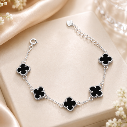 925 Sterling Silver Red & Black Clover Bracelet, Adjustable Lucky Charm Bracelet, Gift for Women