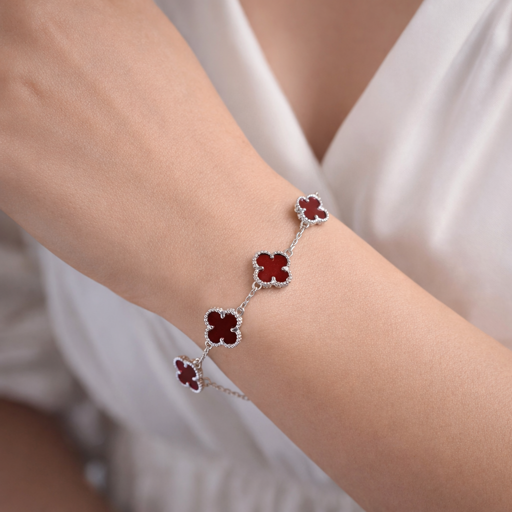 925 Sterling Silver Red & Black Clover Bracelet, Adjustable Lucky Charm Bracelet, Gift for Women