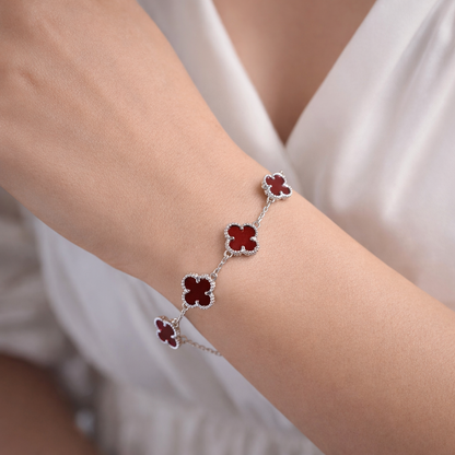 925 Sterling Silver Red & Black Clover Bracelet, Adjustable Lucky Charm Bracelet, Gift for Women