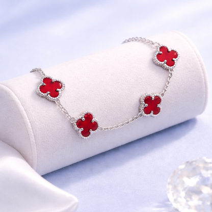 925 Sterling Silver Red & Black Clover Bracelet, Adjustable Lucky Charm Bracelet, Gift for Women