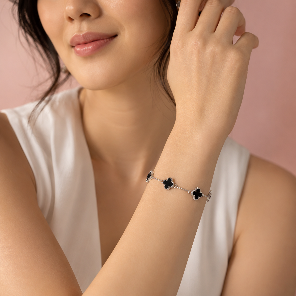 925 Sterling Silver Red & Black Clover Bracelet, Adjustable Lucky Charm Bracelet, Gift for Women