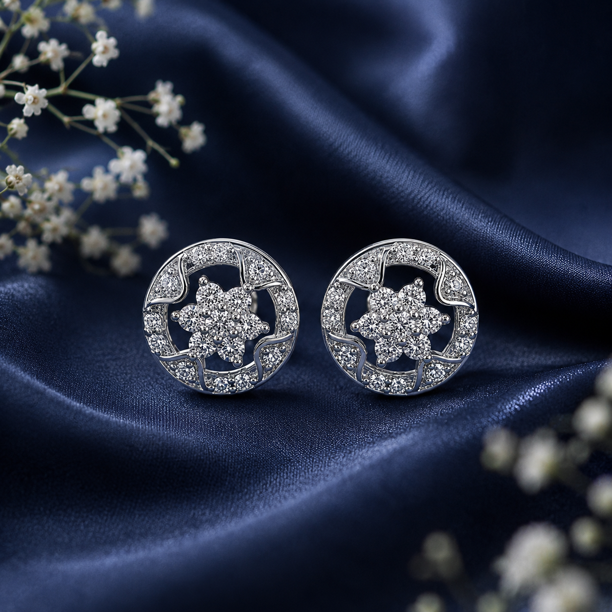 Sterling Silver Round Floral CZ Stud Earrings for Women