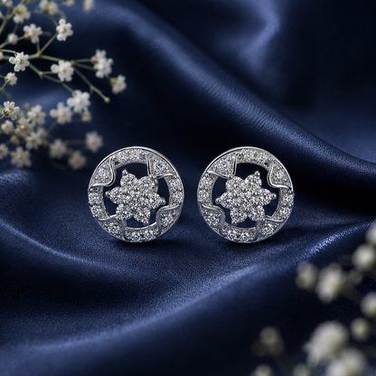 Sterling Silver Round Floral CZ Stud Earrings for Women