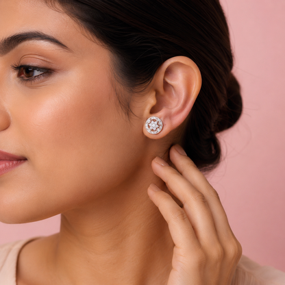 Sterling Silver Round Floral CZ Stud Earrings for Women