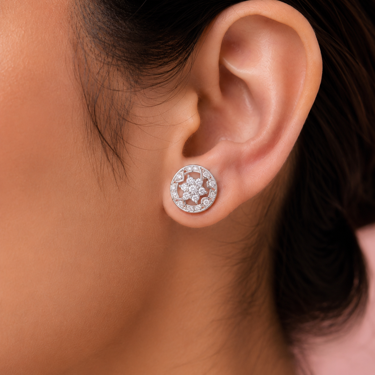 Sterling Silver Round Floral CZ Stud Earrings for Women