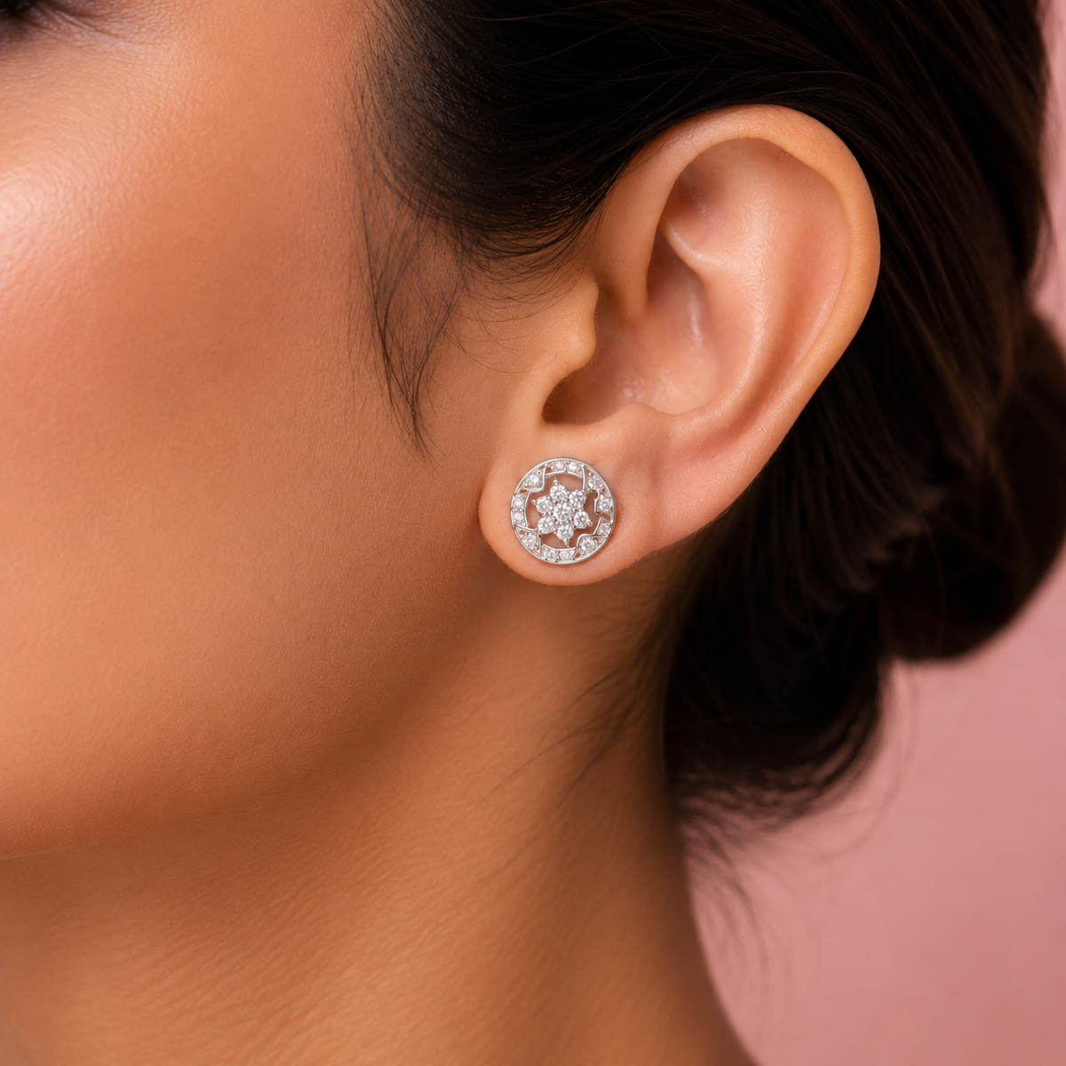 Sterling Silver Round Floral CZ Stud Earrings for Women