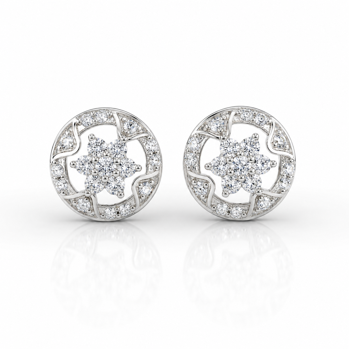 Sterling Silver Round Floral CZ Stud Earrings for Women