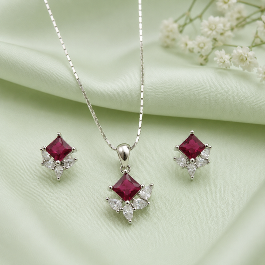 Sterling Silver Ruby Red Princess Cut CZ Pendant Set with Matching Stud Earrings 