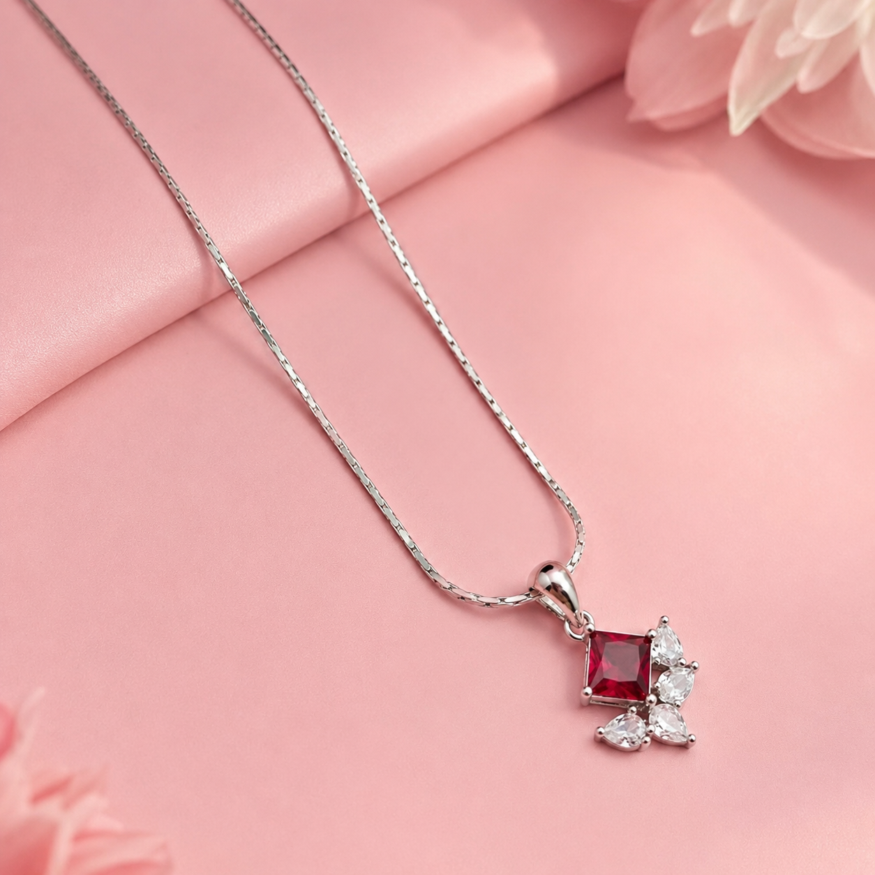 Sterling Silver Ruby Red Princess Cut CZ Pendant Set with Matching Stud Earrings 