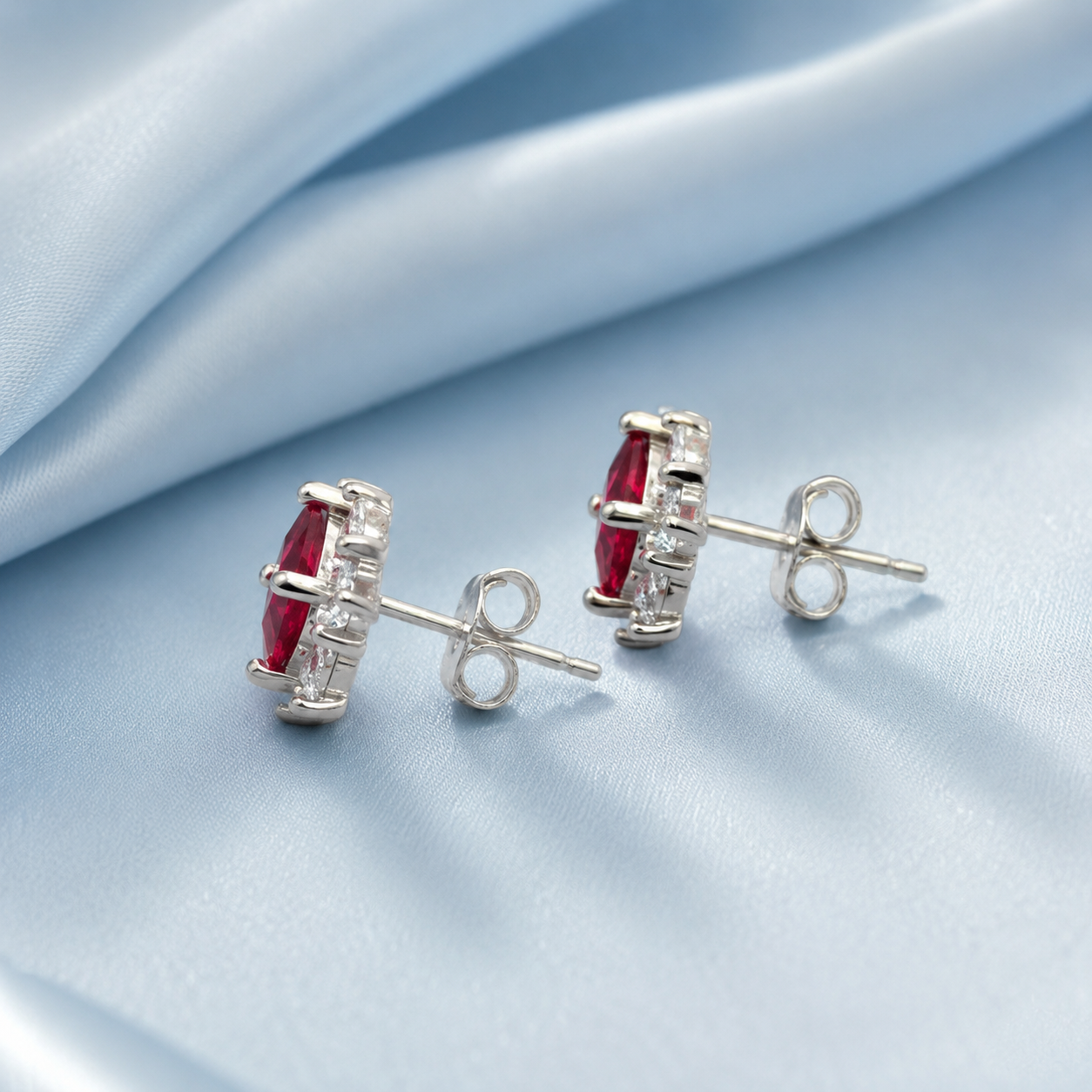 Sterling Silver Ruby Red Princess Cut CZ Pendant Set with Matching Stud Earrings 