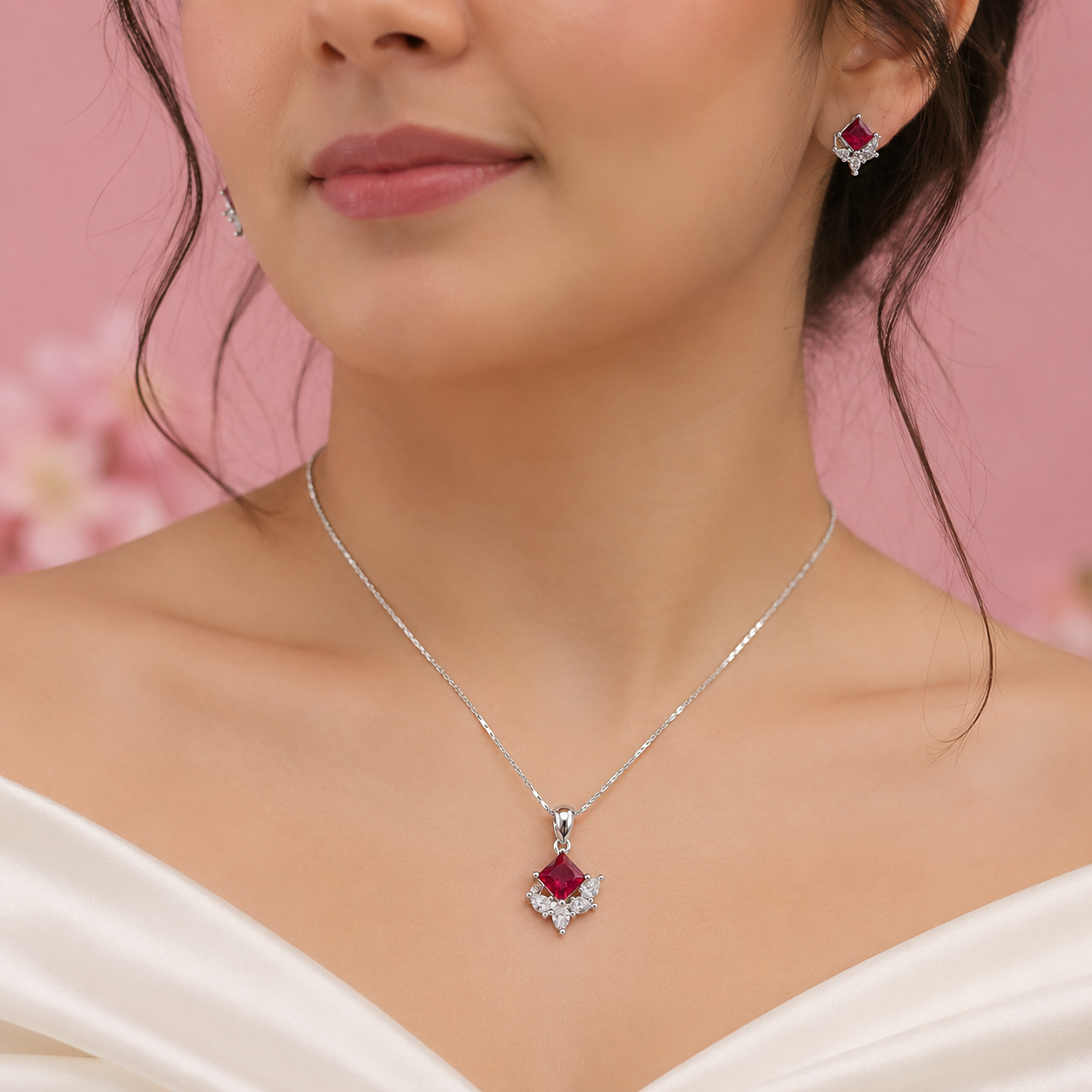 Sterling Silver Ruby Red Princess Cut CZ Pendant Set with Matching Stud Earrings 