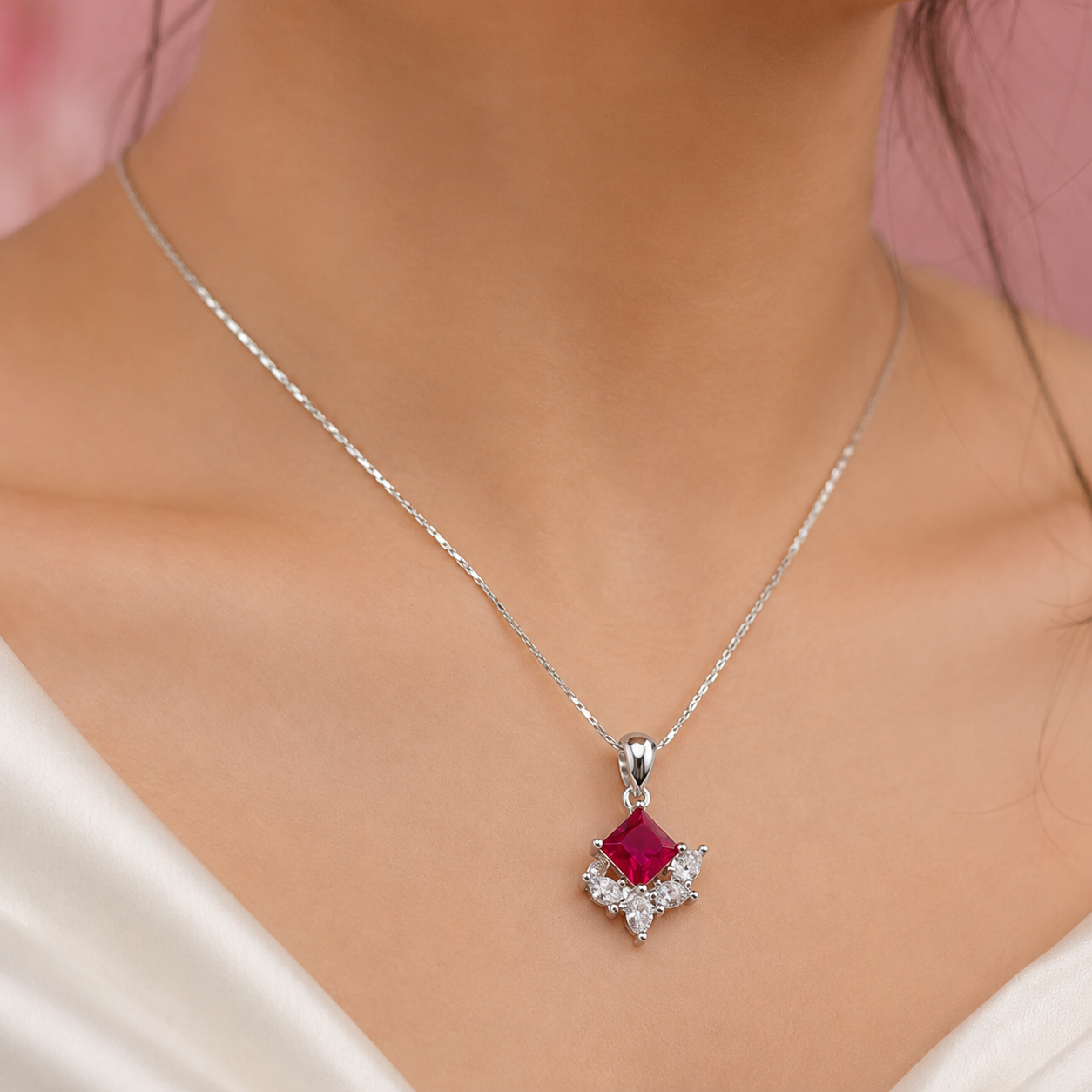 Sterling Silver Ruby Red Princess Cut CZ Pendant Set with Matching Stud Earrings 