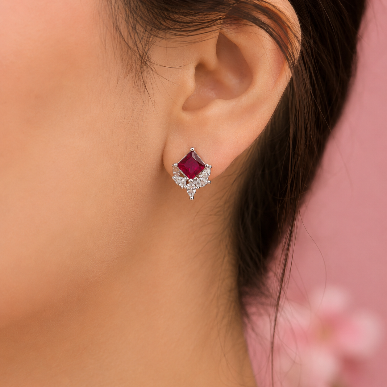 Sterling Silver Ruby Red Princess Cut CZ Pendant Set with Matching Stud Earrings 