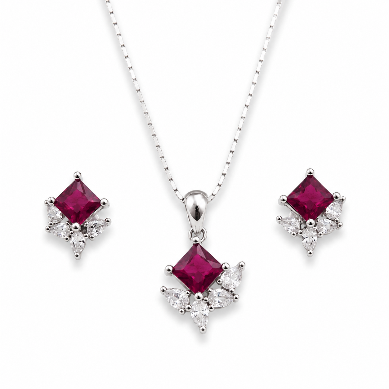 Sterling Silver Ruby Red Princess Cut CZ Pendant Set with Matching Stud Earrings 