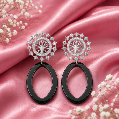 Sterling Silver Tree of Life Cubic Zirconia & Black Ceramic Drop Earrings for Women | Statement Designer Earrings
