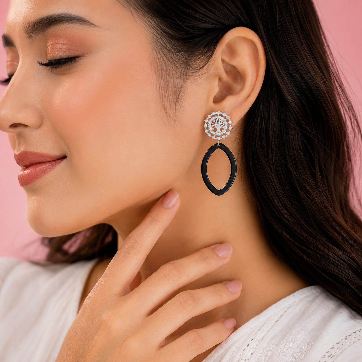 Sterling Silver Tree of Life Cubic Zirconia & Black Ceramic Drop Earrings for Women | Statement Designer Earrings